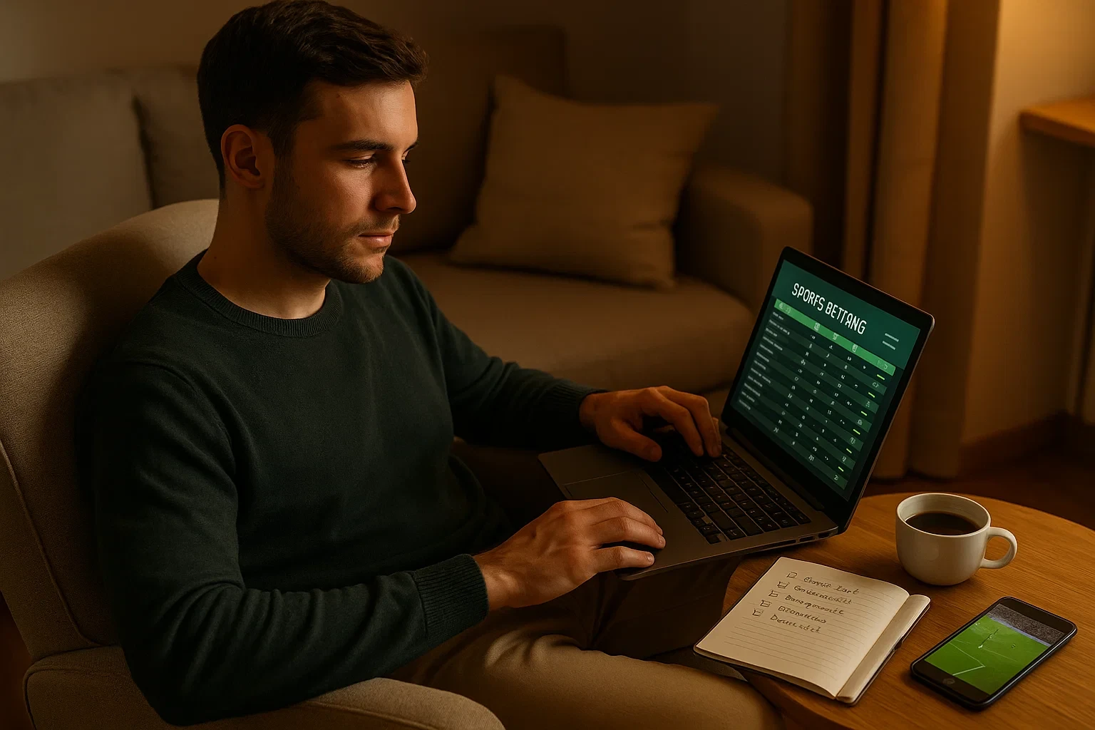Apostador disciplinado a aplicar conhecimento com laptop e caderno de anotações numa sala acolhedora