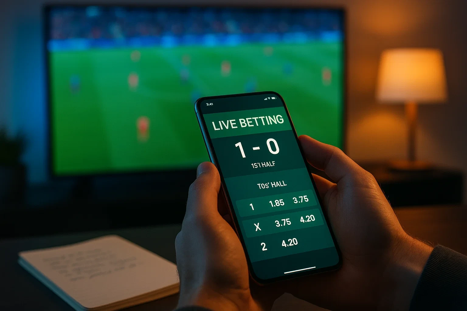 Pessoa a acompanhar jogo de futebol ao vivo no telemovel e televisao para apostas em tempo real