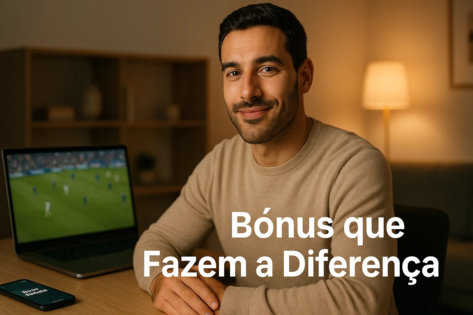 Apostador português a analisar bónus de apostas desportivas num portátil moderno