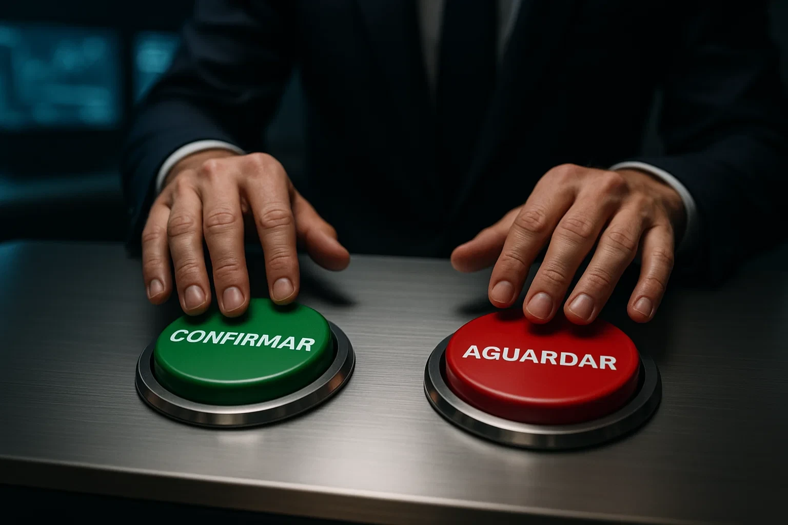 Maos profissionais sobre painel de controlo com botoes de decisao simbolizando o cash out estrategico
