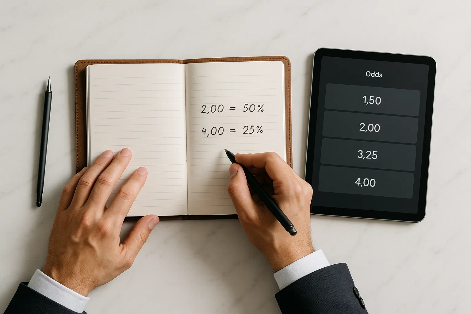 Mãos a trabalhar em análise de conversão de odds para probabilidades num caderno com fórmulas
