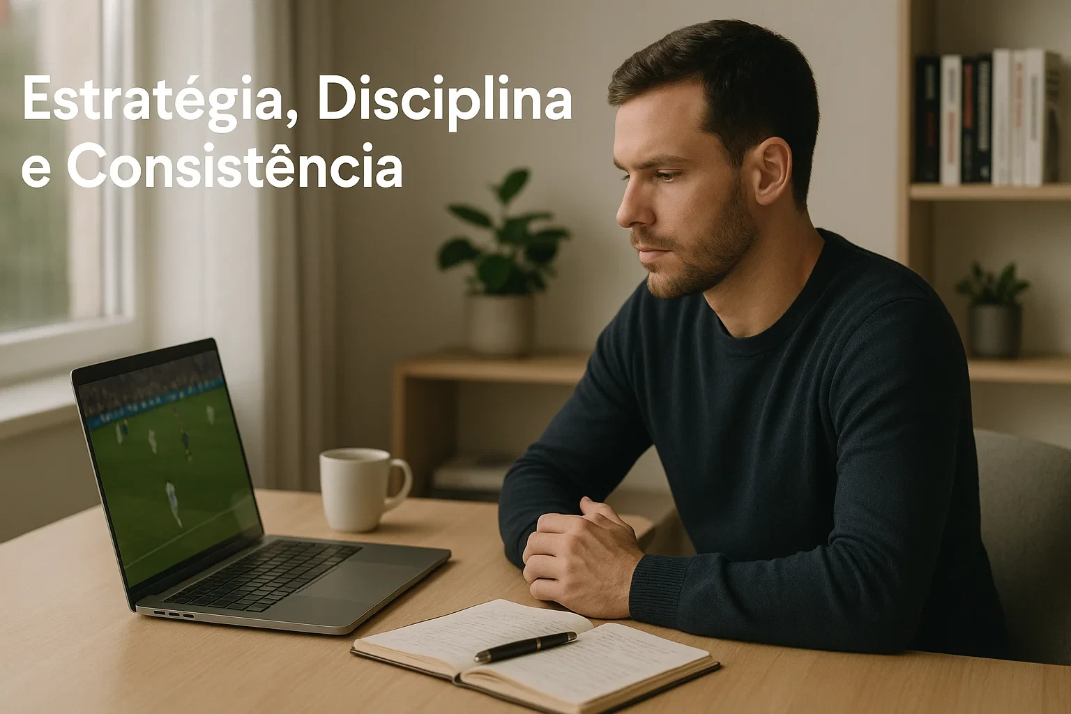 Apostador profissional a analisar estatísticas desportivas no computador portátil num escritório moderno