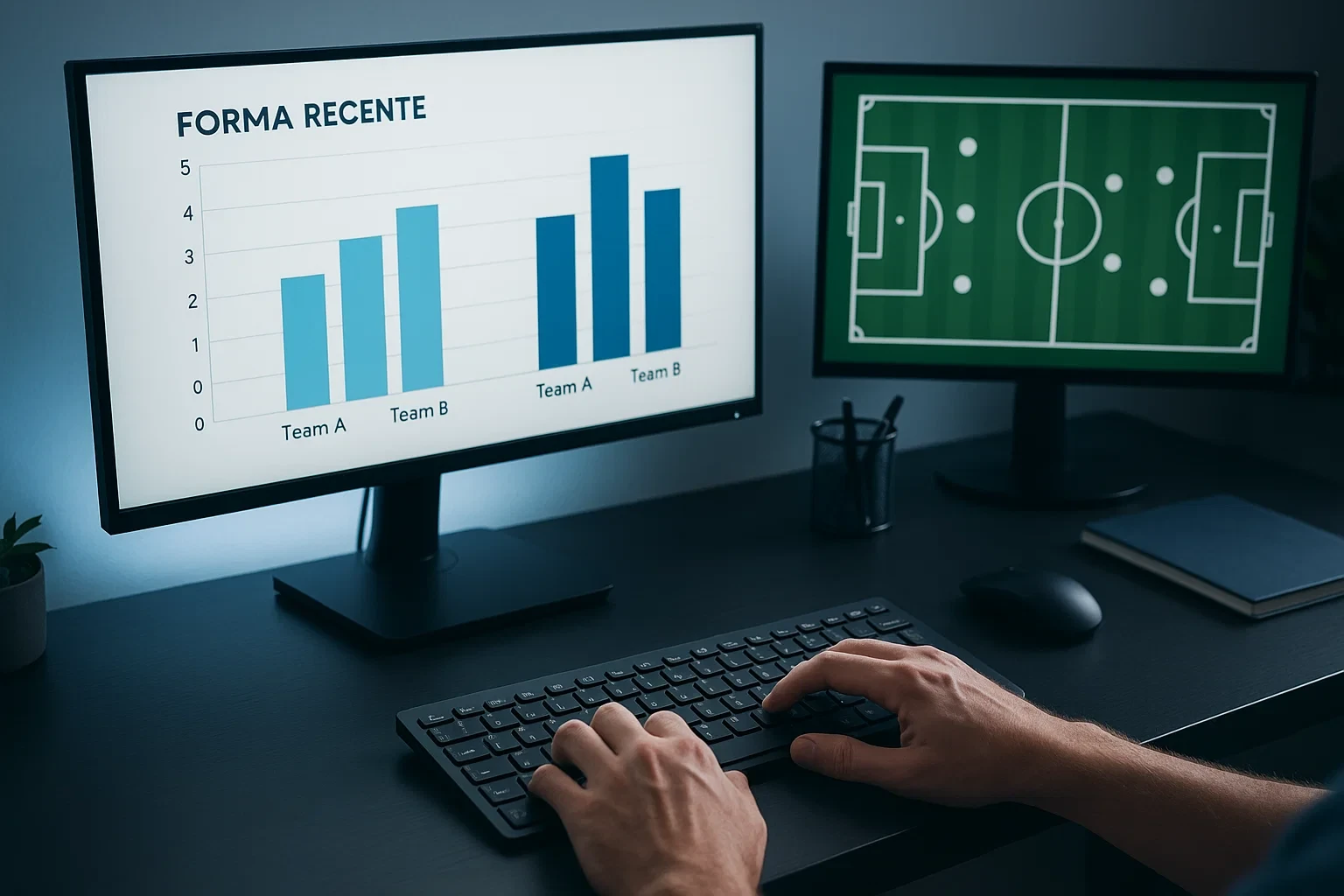 Ambiente de trabalho com múltiplos ecrãs mostrando estatísticas de futebol e ferramentas de análise para apostas