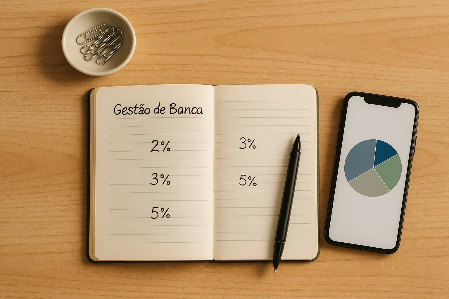 Mesa organizada com caderno de gestão de banca mostrando alocações percentuais e abordagem disciplinada às apostas