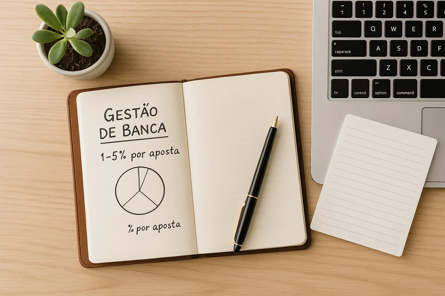 Caderno de notas com planeamento de gestão de banca para apostas, mostrando alocação de 1-5% por aposta