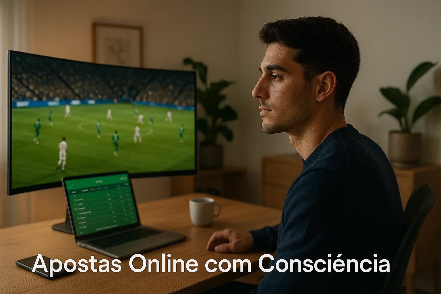 Jovem português a acompanhar um jogo de futebol no computador enquanto consulta apostas desportivas no smartphone