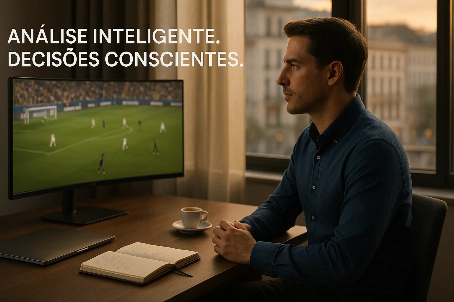 Analista profissional de apostas desportivas a estudar odds e estatísticas num monitor moderno