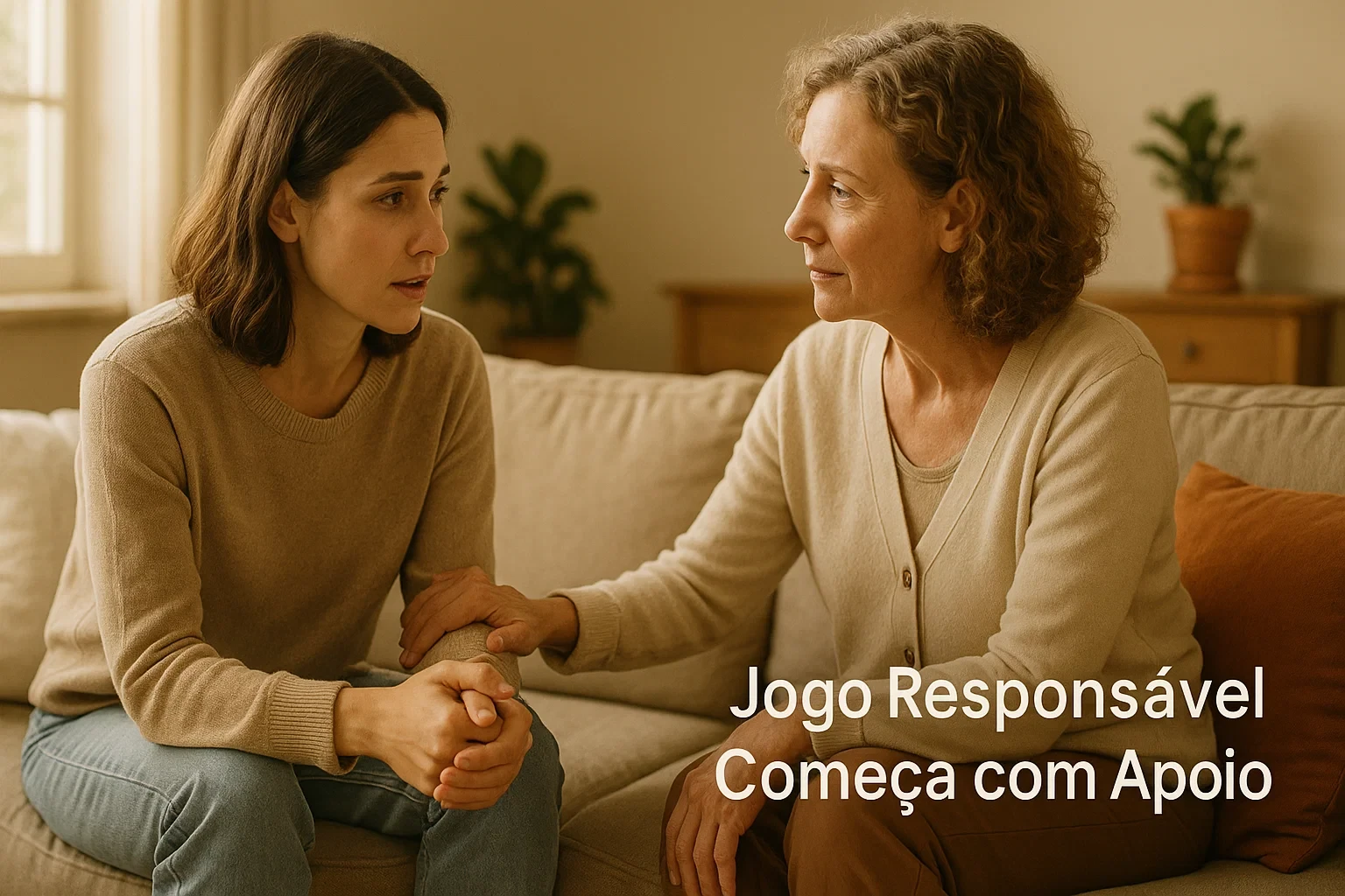 Duas pessoas num ambiente acolhedor tendo uma conversa de apoio sobre jogo responsável