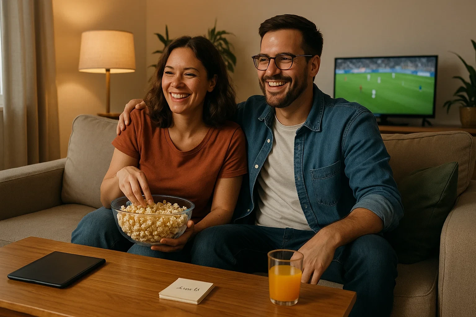 Casal a assistir futebol na televisão de forma relaxada e equilibrada representando jogo responsável