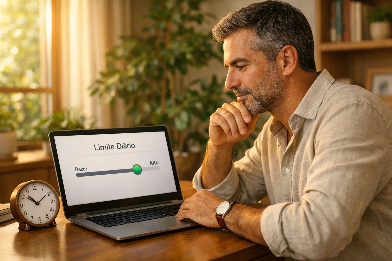 Homem a definir limites de apostas responsáveis no computador portátil em ambiente doméstico