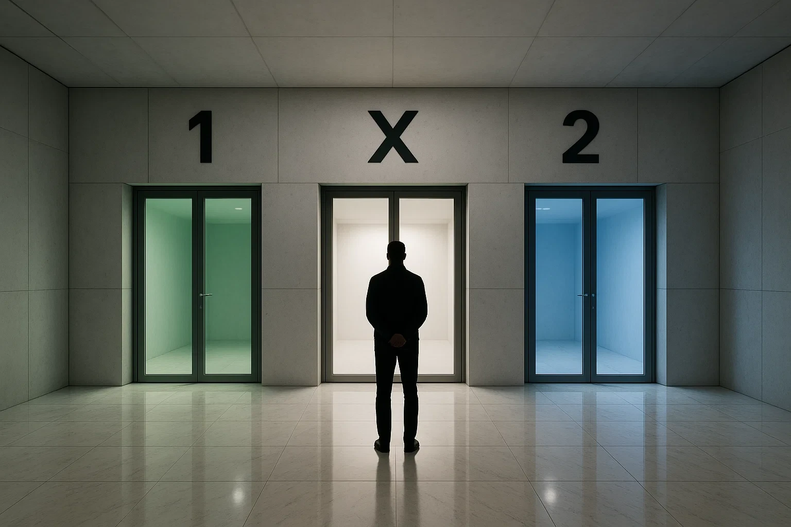 Representacao visual das tres opcoes do mercado 1X2 com portas simbolizando vitoria empate e derrota