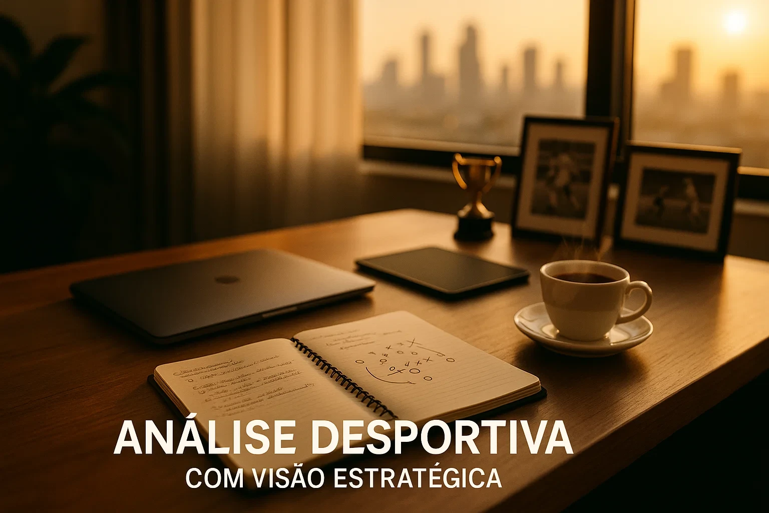 Ambiente profissional de analise de apostas desportivas com computador portatil e graficos estrategicos