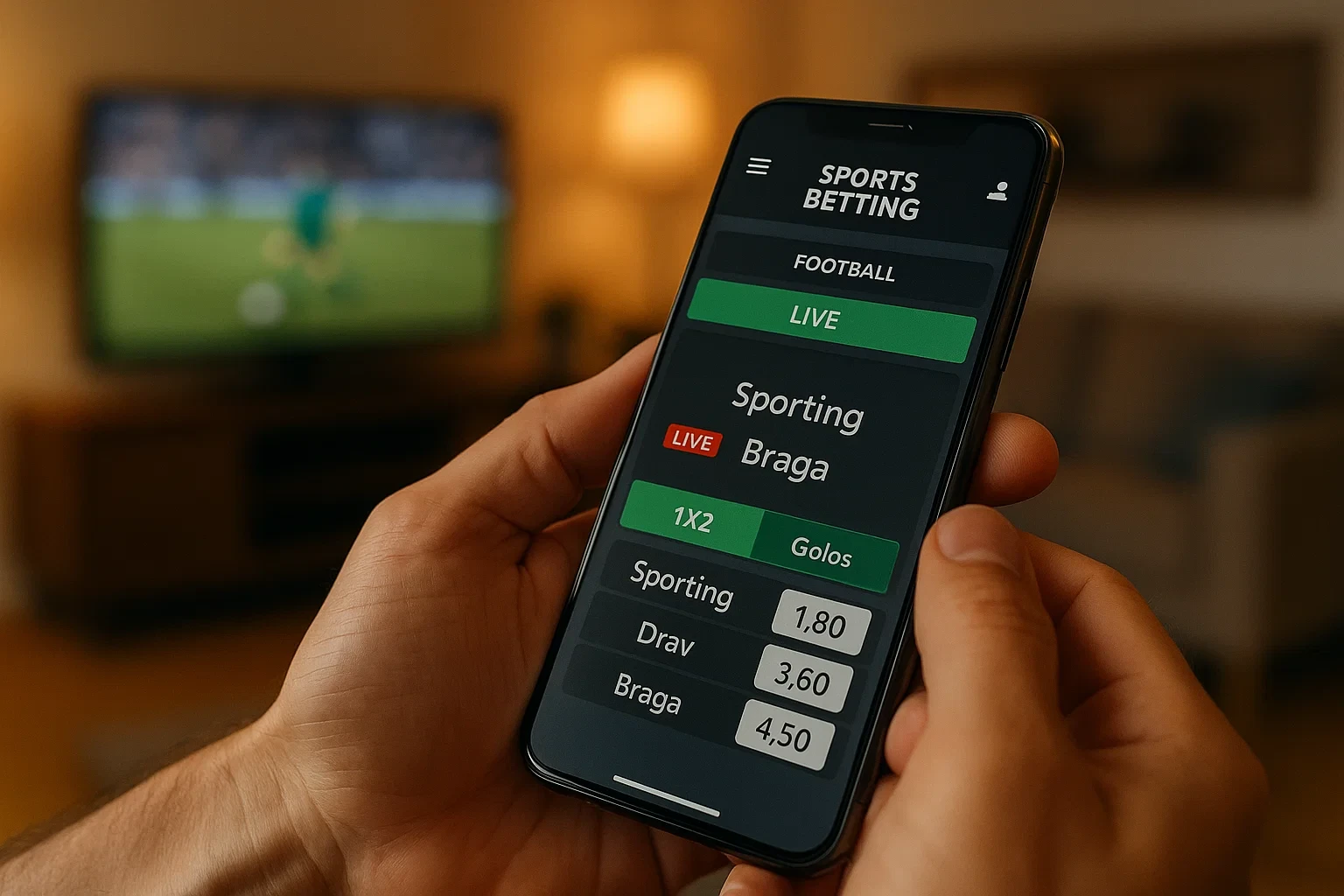 Mãos a segurar smartphone com aplicação de apostas desportivas mostrando mercados de um jogo de futebol