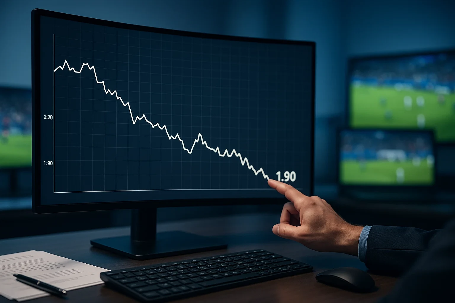 Setup profissional de trading com monitor a mostrar gráfico de movimento de odds ao longo do tempo