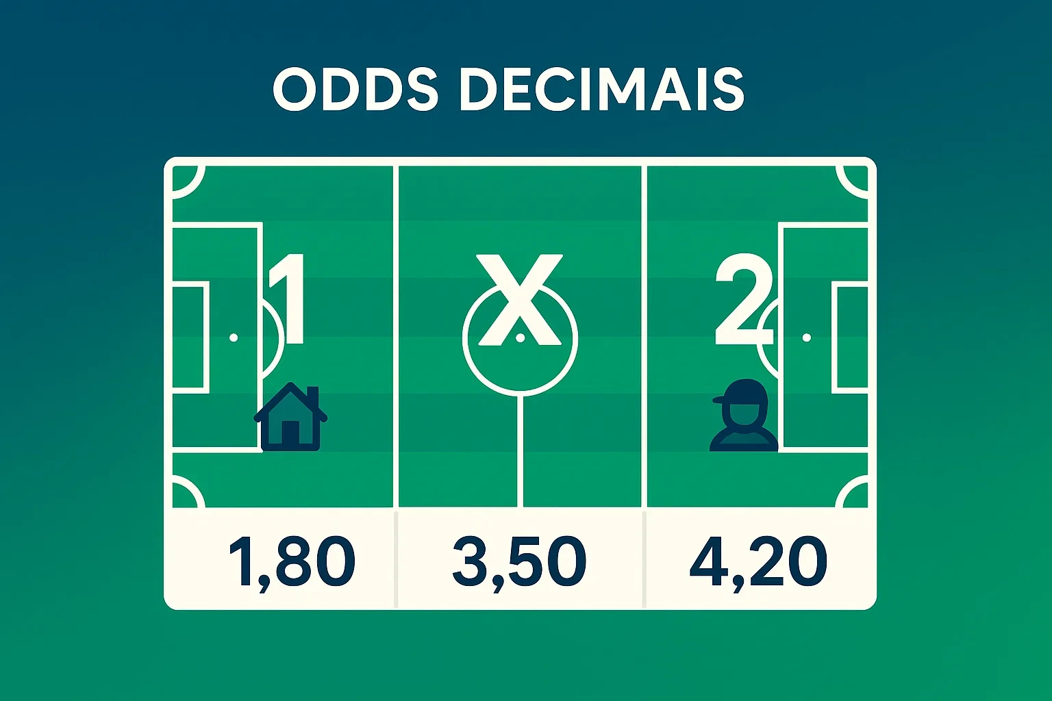 Infográfico explicativo sobre odds decimais no futebol mostrando exemplo 1X2 com cotações 1.80, 3.50 e 4.20