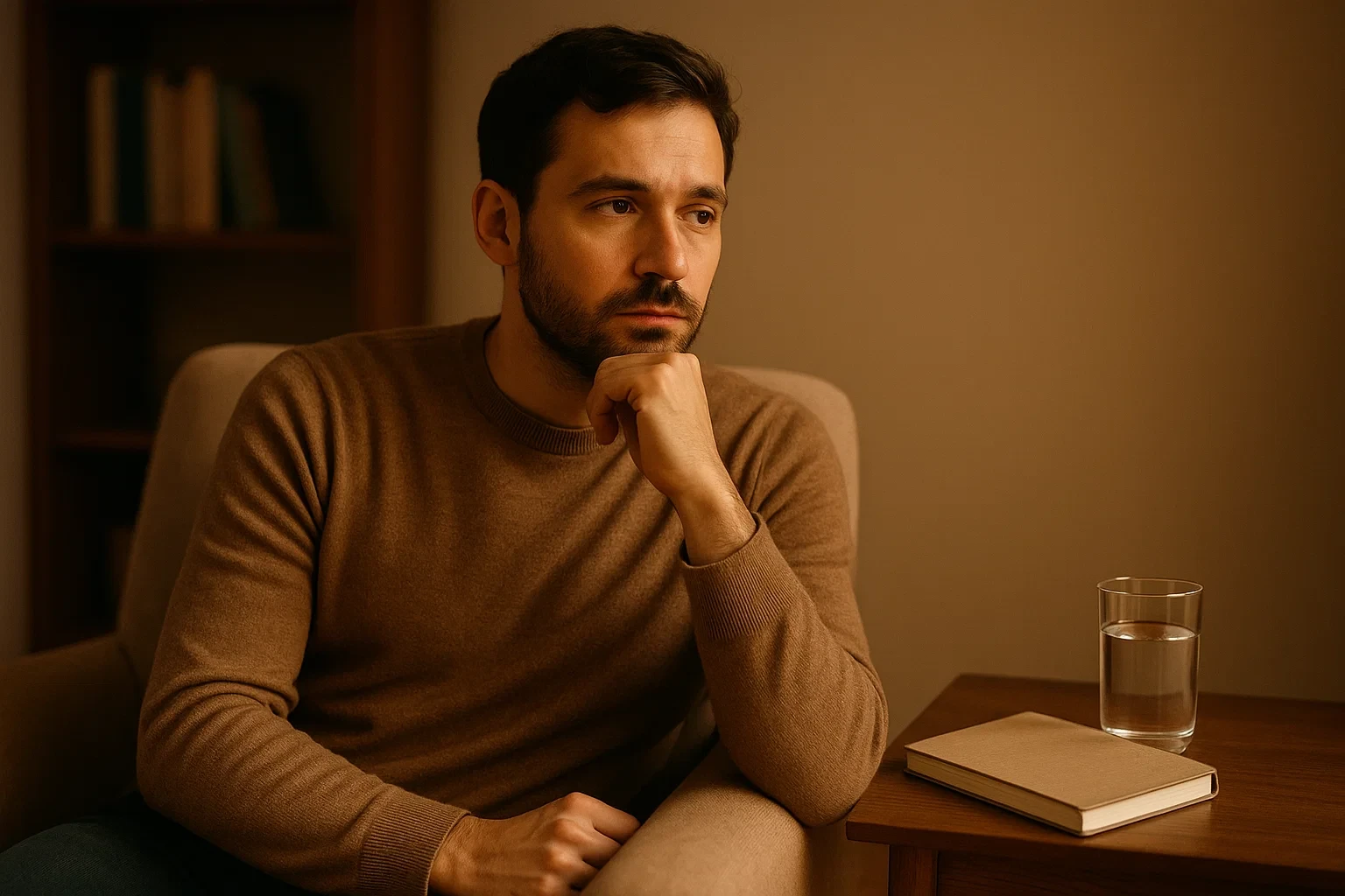 Homem em pose contemplativa refletindo sobre controlo emocional e disciplina mental nas apostas