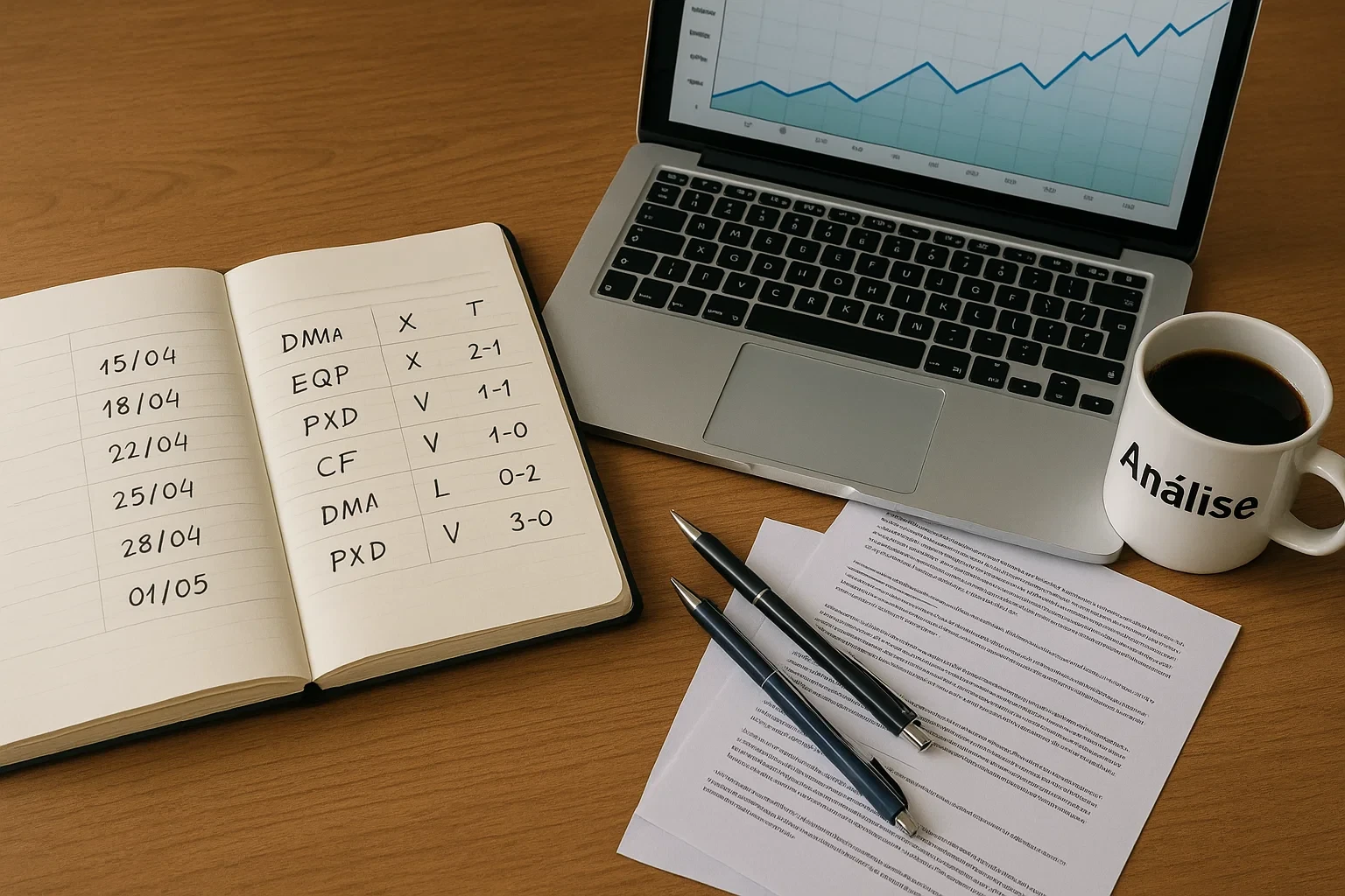 Espaço de trabalho com caderno de registos de apostas e gráfico de desempenho no computador portátil