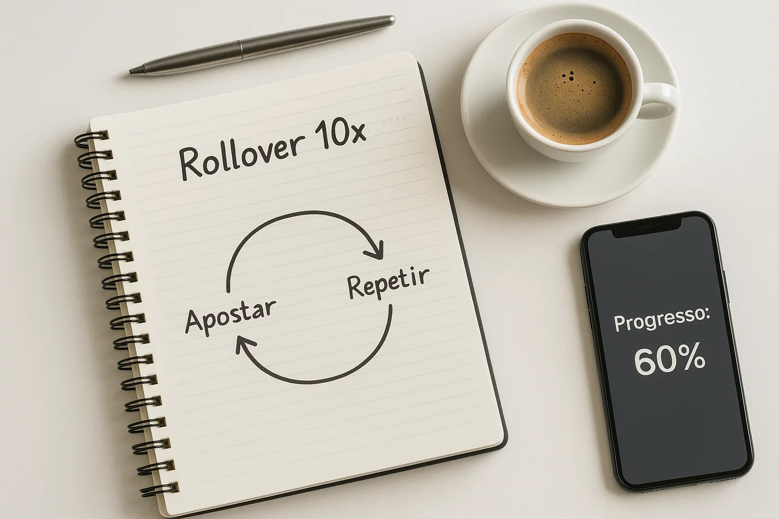 Bloco de notas com diagrama de ciclo de rollover e progresso de apostas