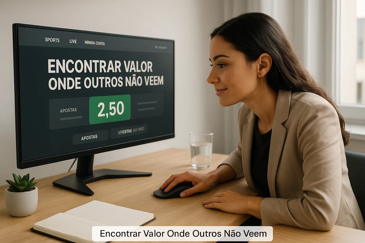 Profissional a descobrir uma oportunidade de valor nas apostas no seu monitor com odd destacada